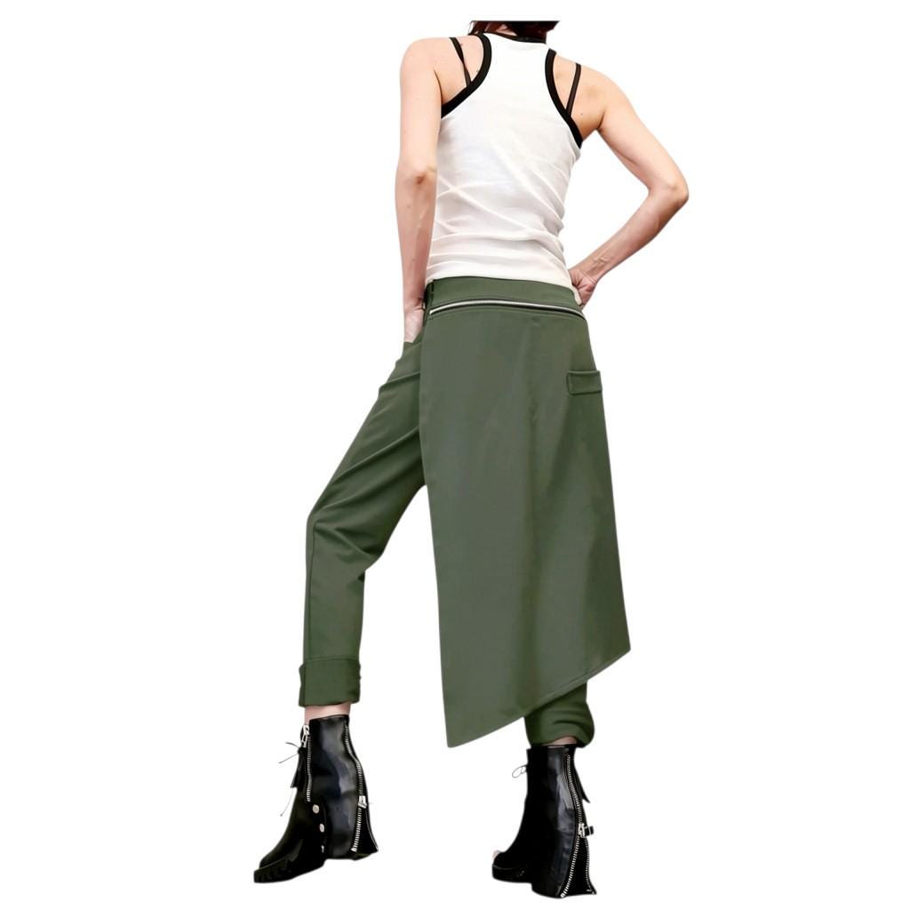 Military Green Asymmetric Pants, French Terry Trousers, Wrap Skirt Overlay