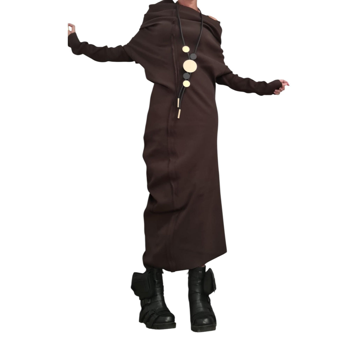 Brown Asymmetrical Maxi Dress, Avant Garde Long Sleeve Off Shoulder Gown