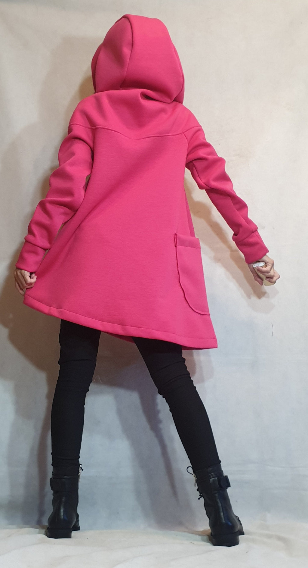 Hot Pink Asymmetric Cotton Hoodie, Diagonal Zip, Oversized Hood and Patch Pocket, Plus Size