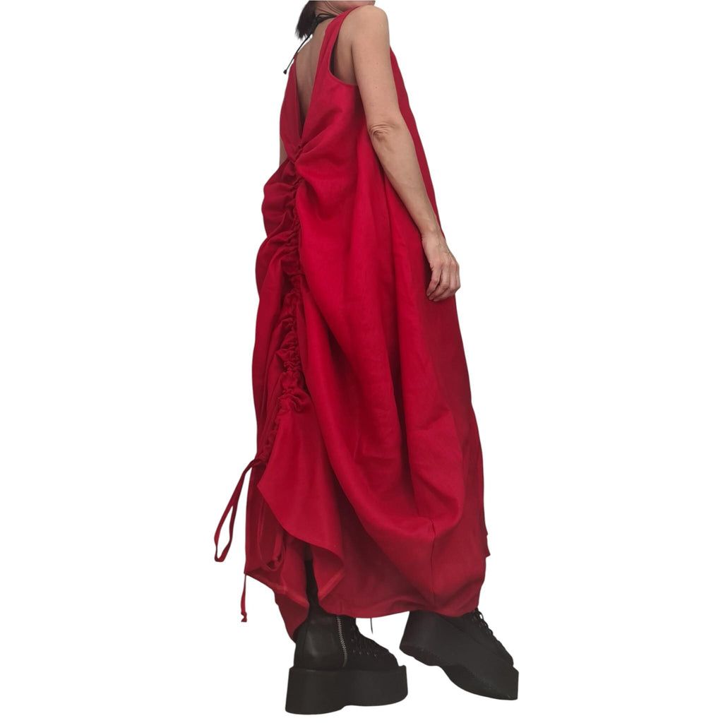 Red Linen Maxi Dress, Corset Detail, Sleeveless Oversized Kaftan, Dress for women