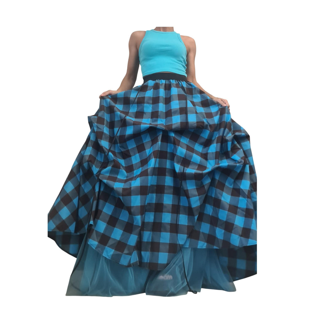 Tulle Asymmetric Skirt, Turquoise Blue Brown Plaid Ball, Long Short Skirt