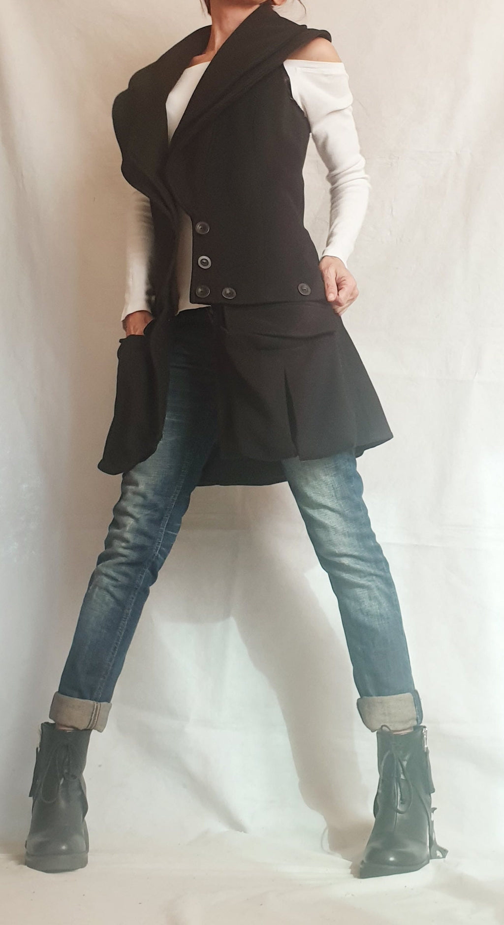 Black Convertible Wool Vest, Detachable Cargo Pocket Panel, Asymmetric Design, Plus Size