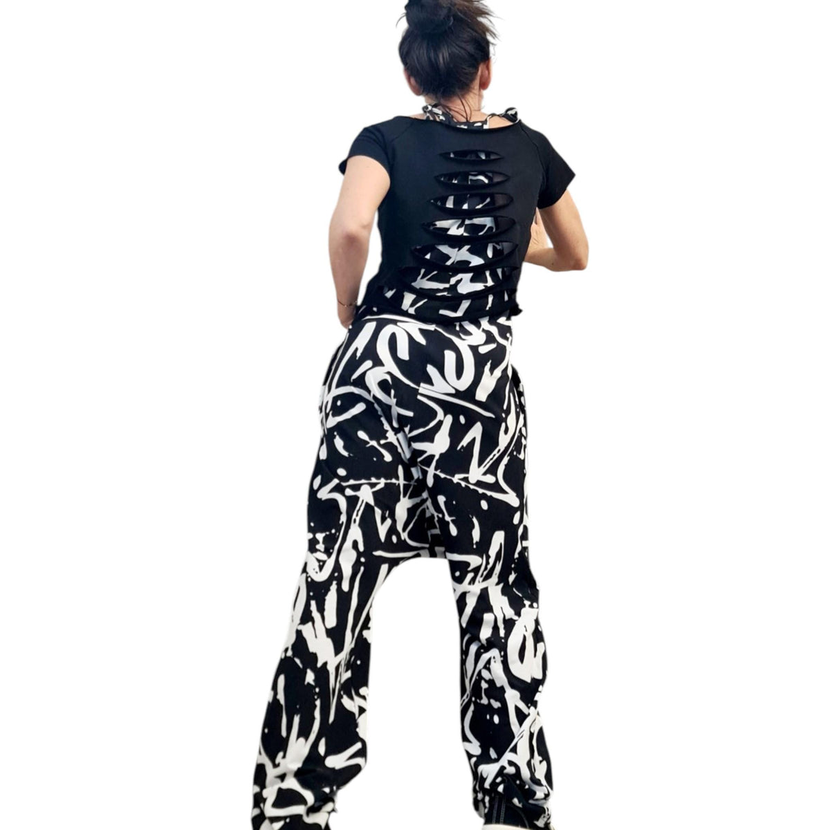 Black White Graffiti Harem Jumpsuit, Loose Drop Crotch Cotton Comfort