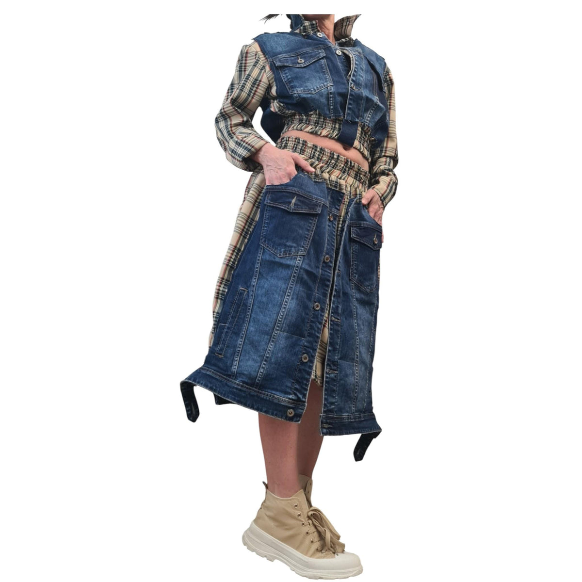 Cotton Denim Plaid Sweatshirt Skirt Set, Extravagant Women Costume