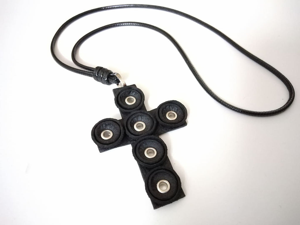 Black Leather Cross Necklace, Gothic Amulet Pendant, Handmade