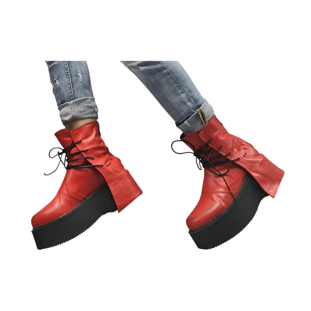Red Leather Platform Ankle Boots with Wrap Cords, Chunky Sole Shoes, Handmade Footwear
