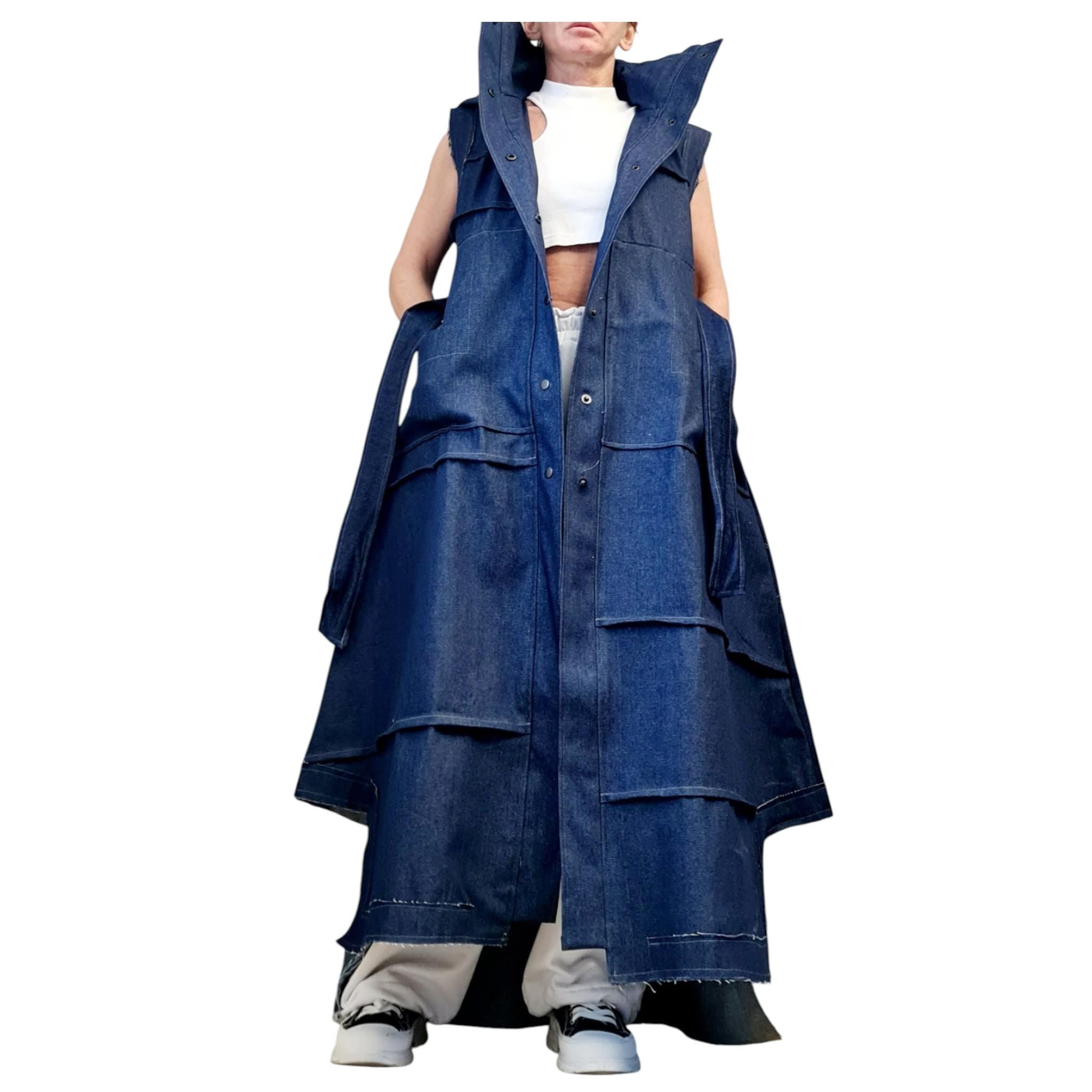 New collection Denim Hooded Vest, Extravagant Long loose Vest, Avant Garde Asymmetric Vest, Sleeveless, DRESSSHOESCODE