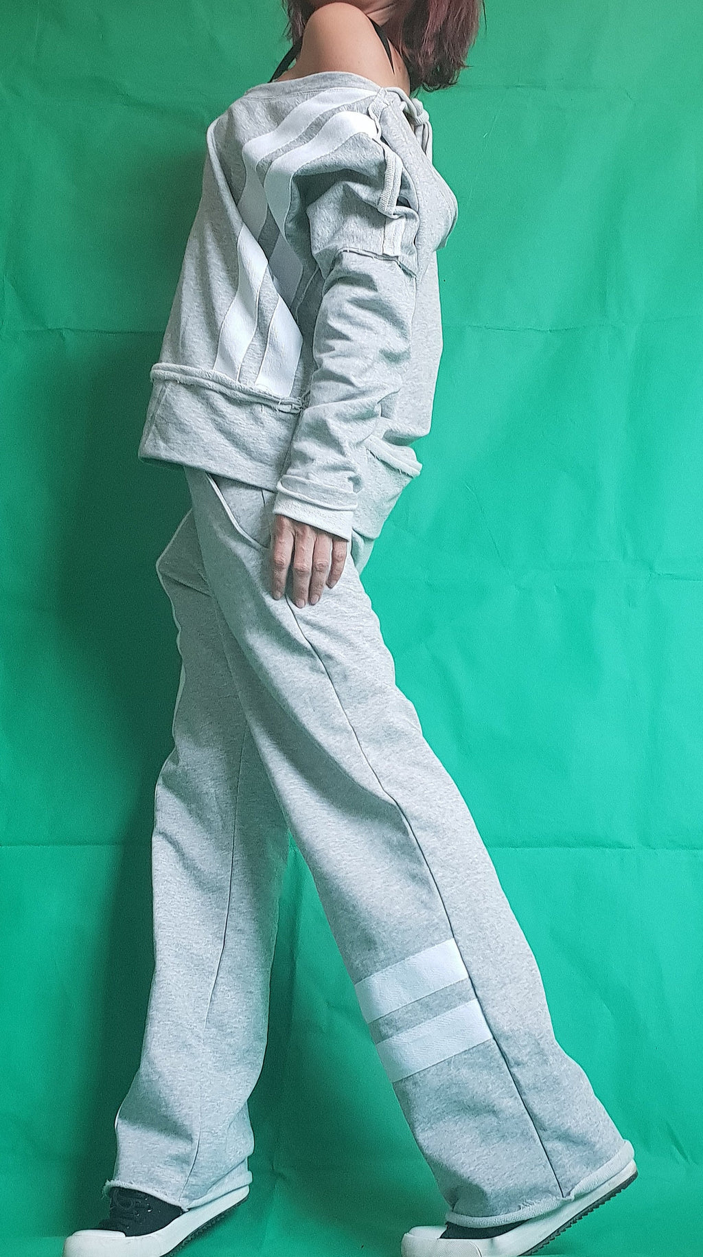 Grey Cotton Wide Leg Pants, Asymmetrical Off Shoulder Blouse, White Stripes, Two-Piece Co-Ord Set
