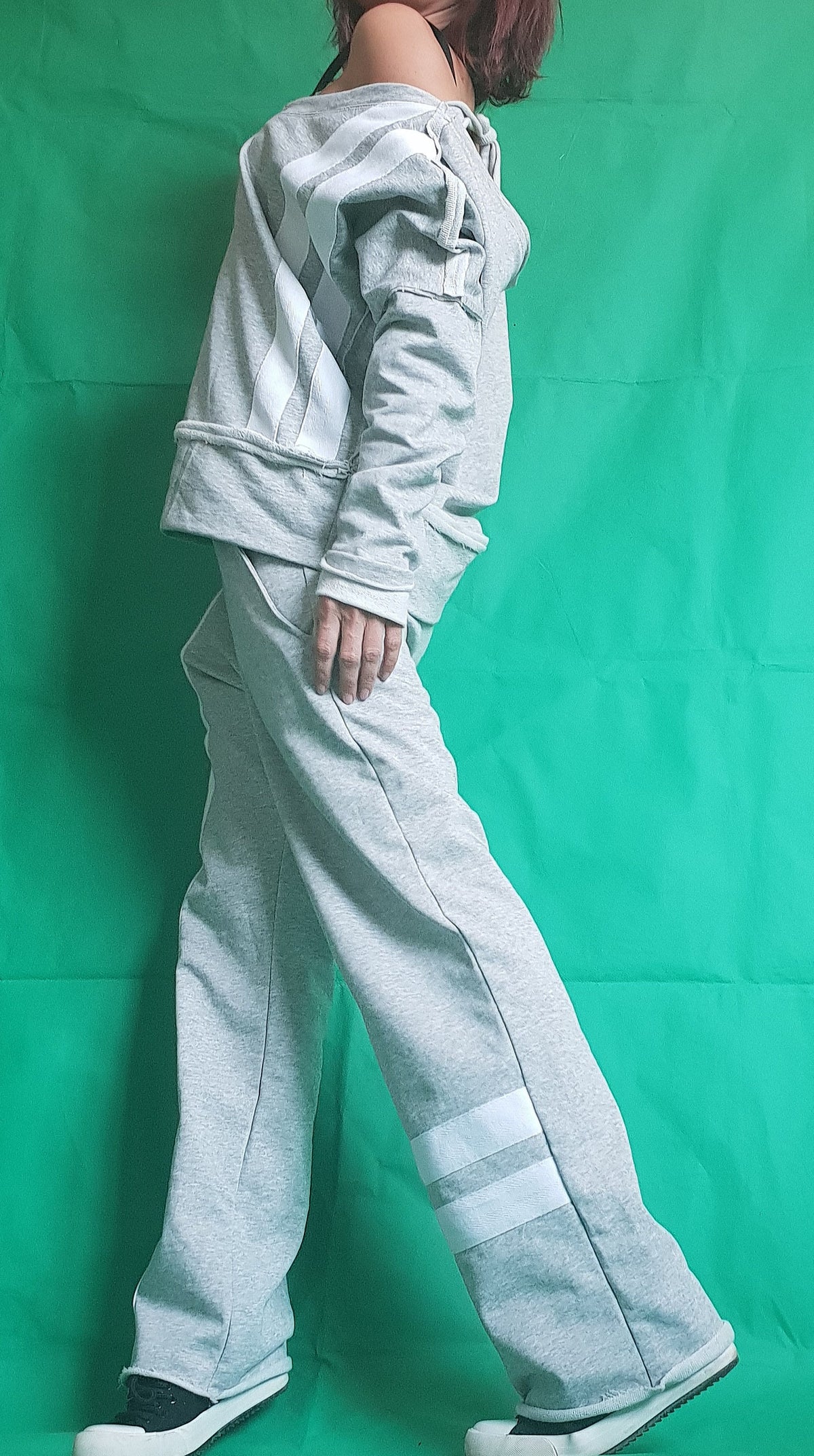 Grey Cotton Wide Leg Pants, Asymmetrical Off Shoulder Blouse, White Stripes, Two-Piece Co-Ord Set