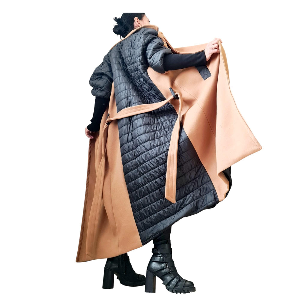 Beige and Black Asymmetrical Maxi Coat, Quilted Back Panel, Belted Long Winter Overcoat