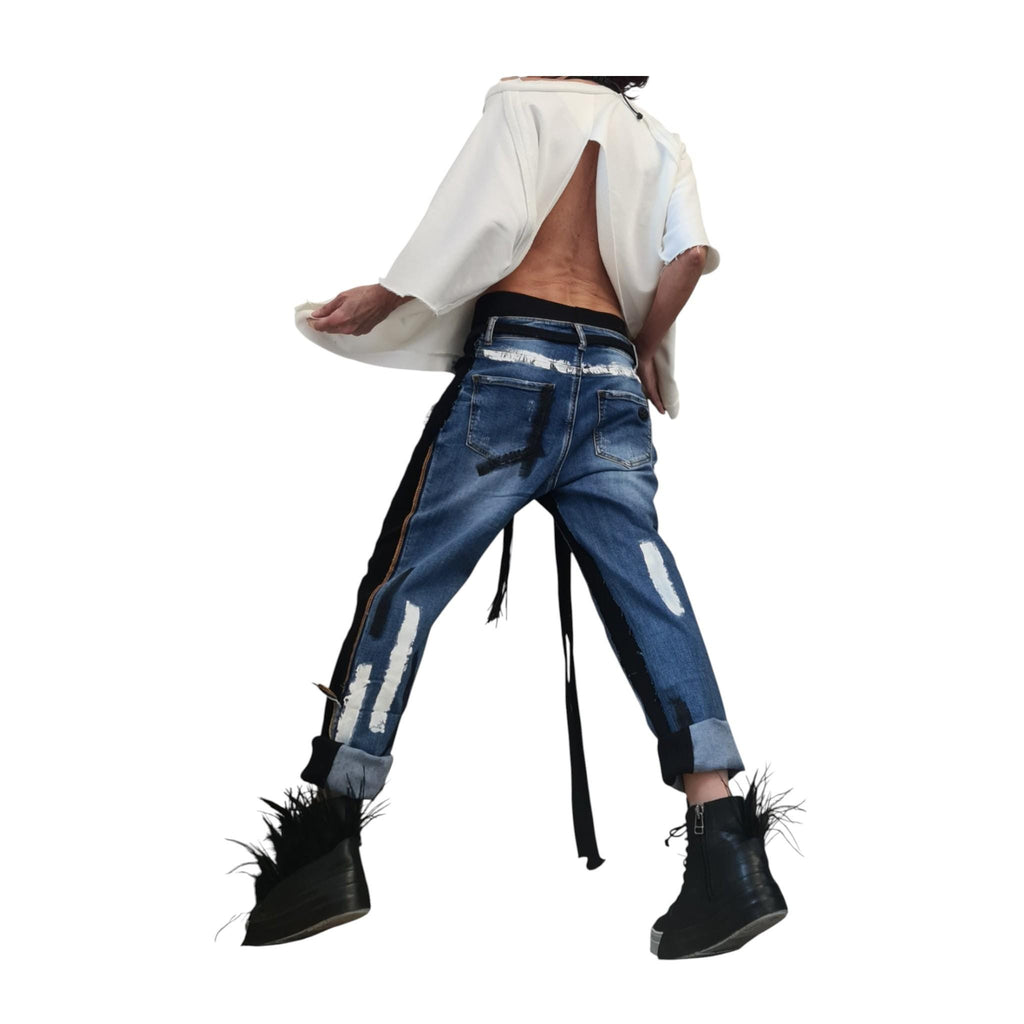 Denim Harem Pants: Casual Baggy Fit (Unisex, Painted Detail)