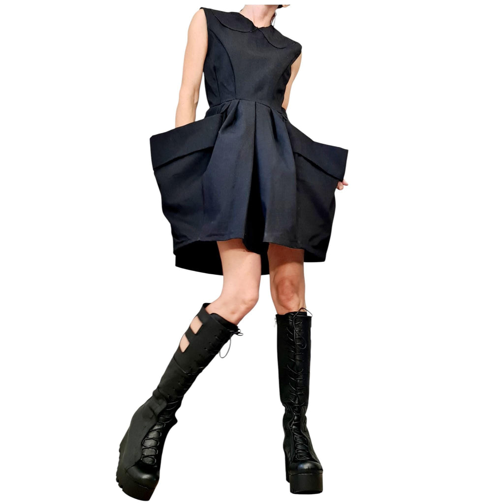 Asymmetric Black Cothic Dress, Extravagant Pockets, Plus Size Clothing