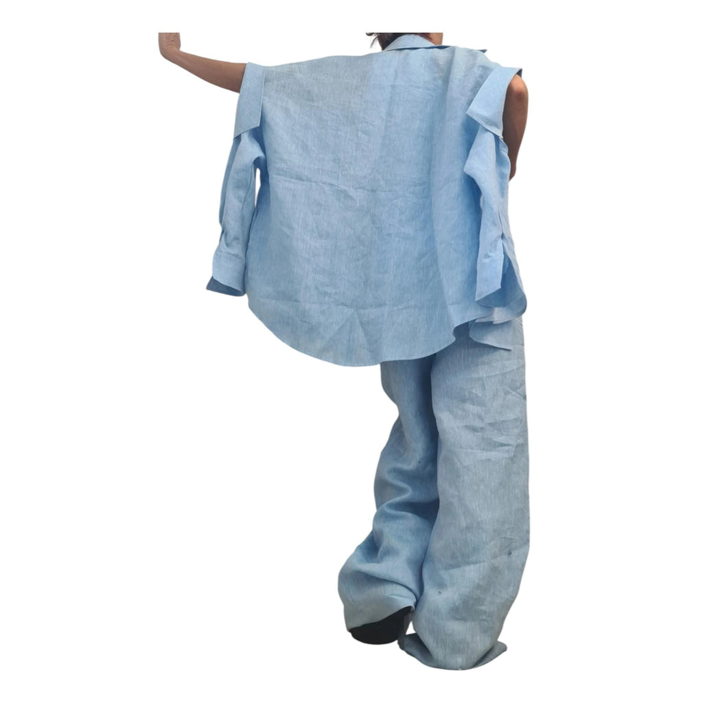Linen Set Women, Baby Blue Wide Leg Pants, Asymmetric Shirt, Loose Summer Outfit