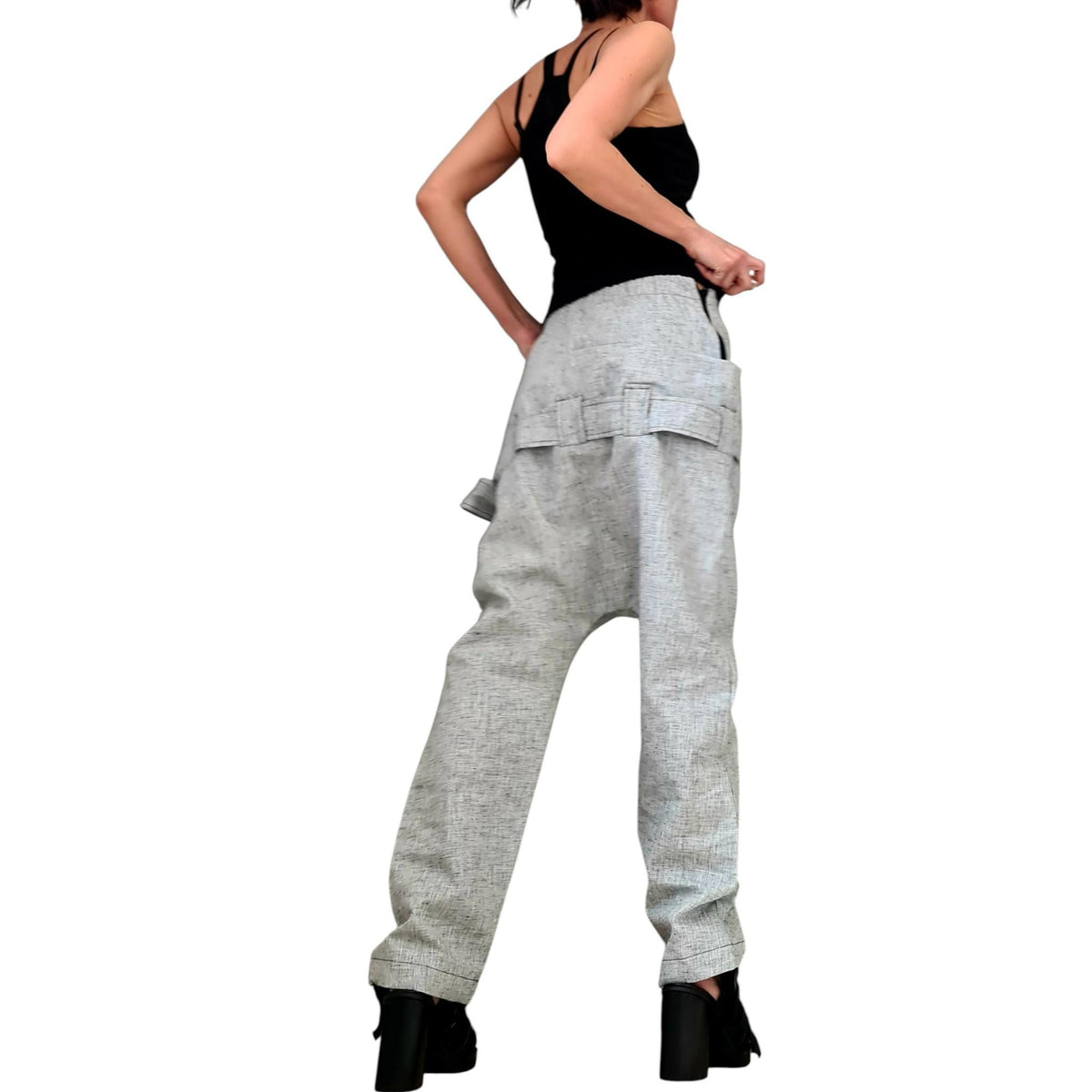 Linen Drop Crotch Pants, Double Waistband Trousers, Slim Tapered Leg
