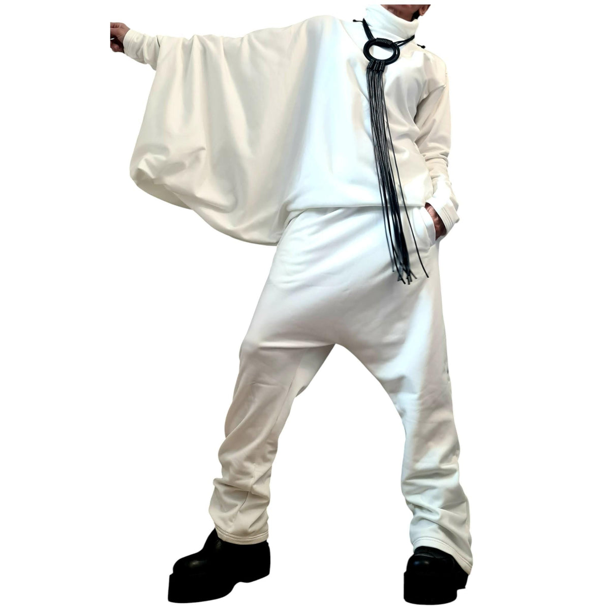White Cotton Drop Crotch Harem Pants, Oversized Asymmetrical Batwing Turtleneck Top, Two-Piece Co-Ord Set