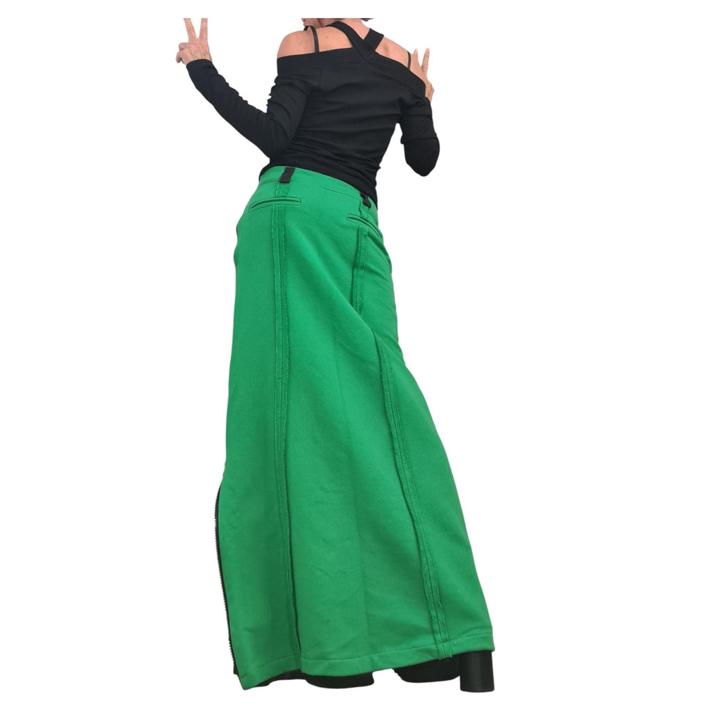 Green Long Slit Skirt, Cotton A Line Skirt, Avant Garde Style