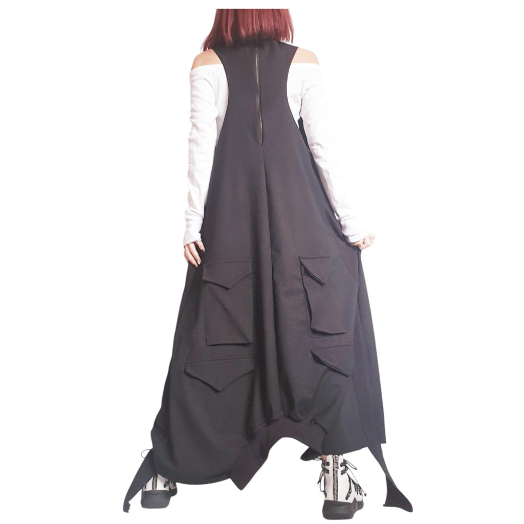 Black Gothic Dress, Asymmetric Cargo Design, Plus Size Kaftan, Avant Garde Dress for Women