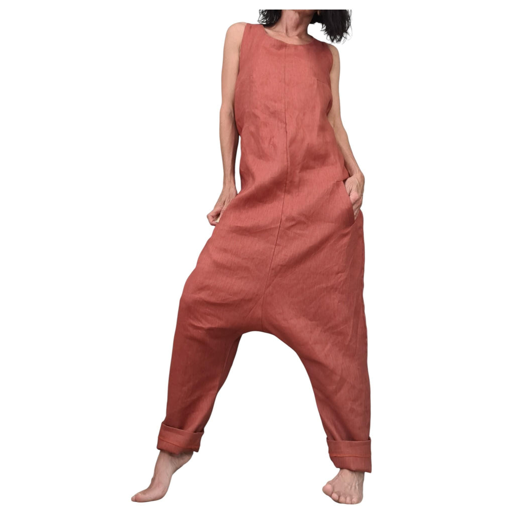 Terracotta Linen Jumpsuit, Asymmetric Harem Wide Leg, Loose Fit, V-Back
