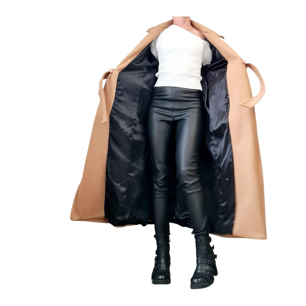 Beige and Black Asymmetrical Maxi Coat, Quilted Back Panel, Belted Long Winter Overcoat