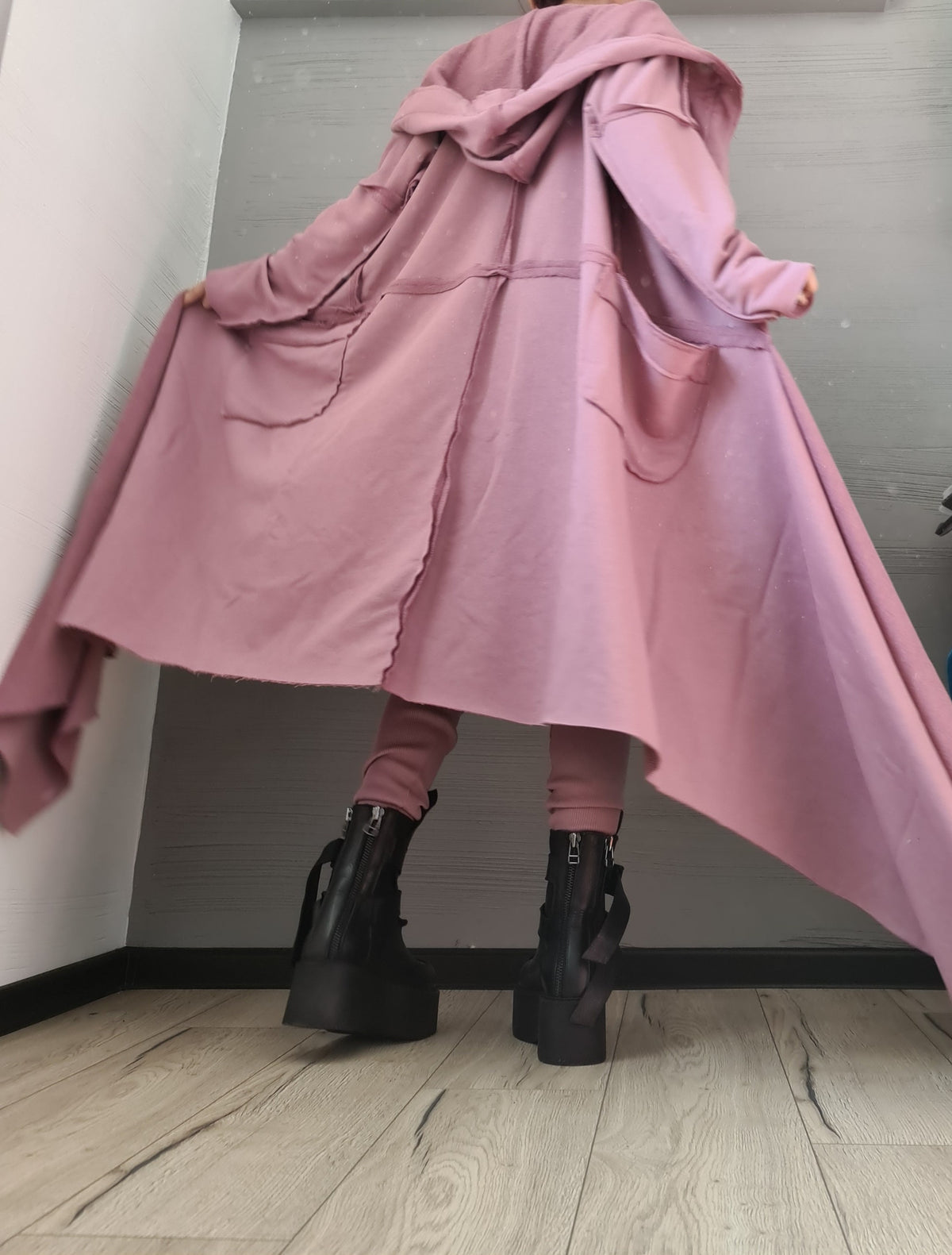 Dusty Rose Hooded Cotton Vest, Plus Size Asymmetric Gilet, Long Sleeveless Jacket