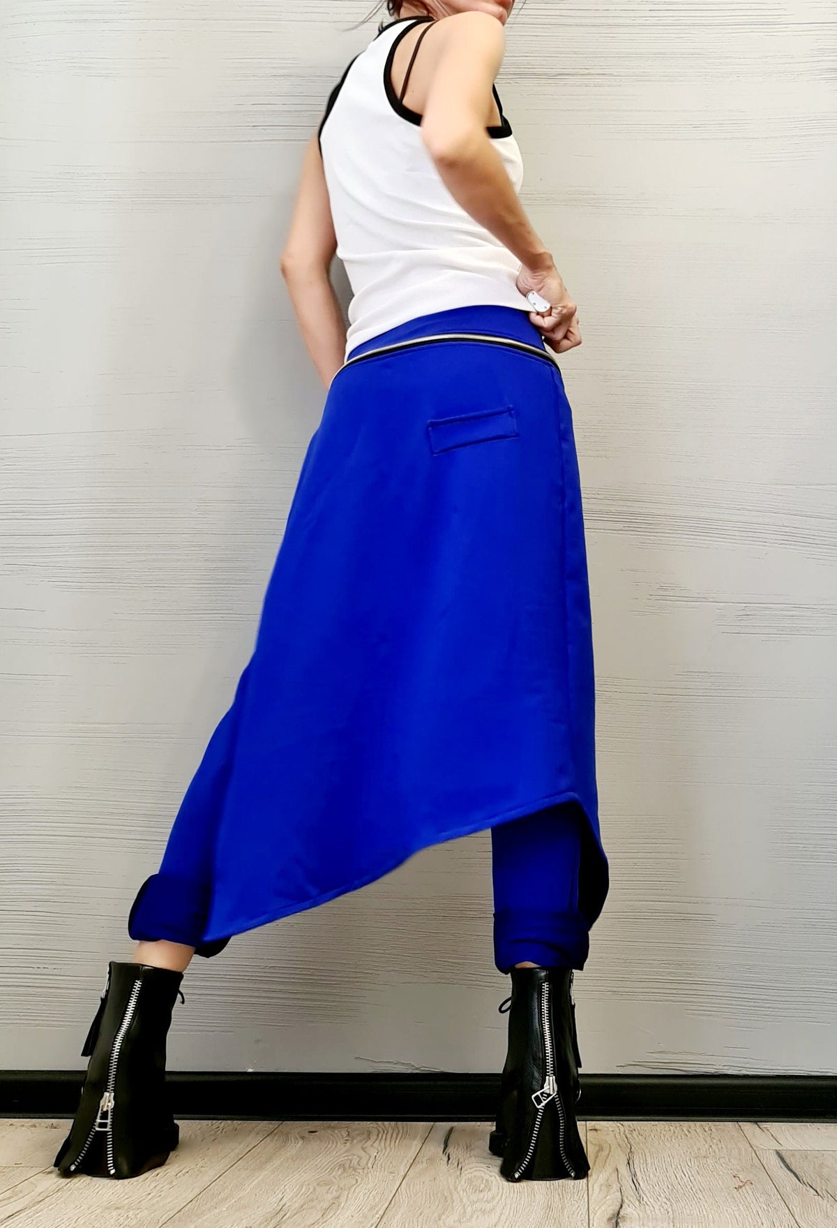 Royal Blue French Terry Pants, Wrap Skirt Overlay, Slim Leg, Asymmetric Trousers