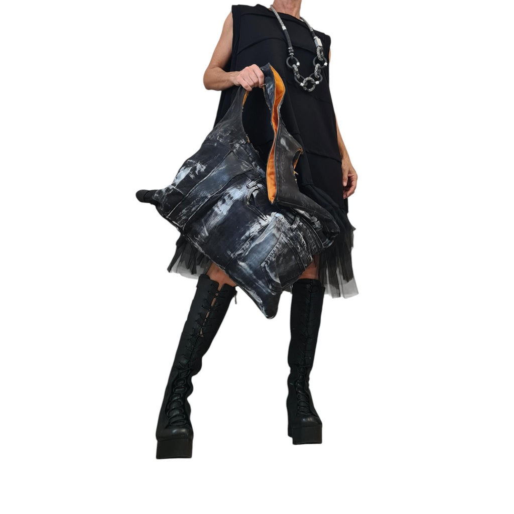 Avant Garde Oversized Denim Tote, Hand-Splashed Painted Convertible Shoulder Backpack