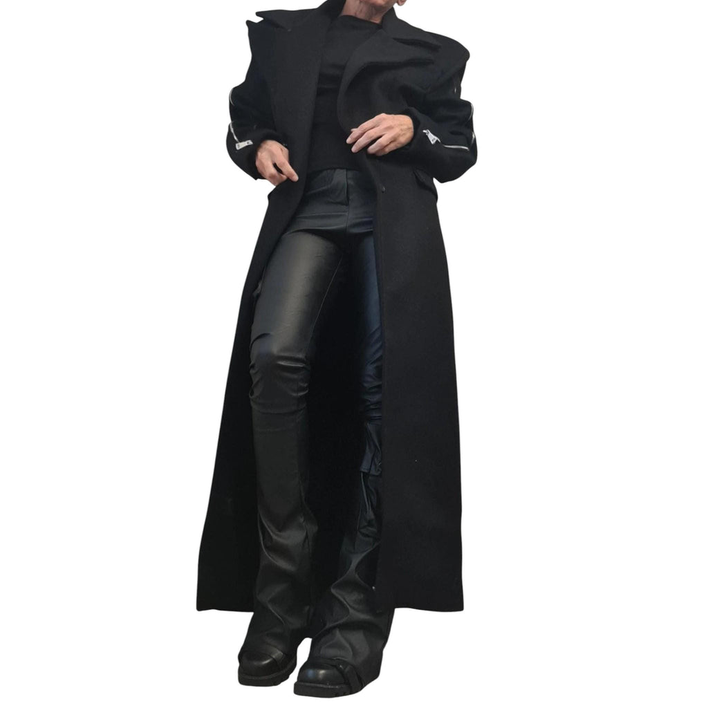 Black Fitted Maxi Coat, Plus Size Long Jacket, Oversized Lapels and Slit Sleeves