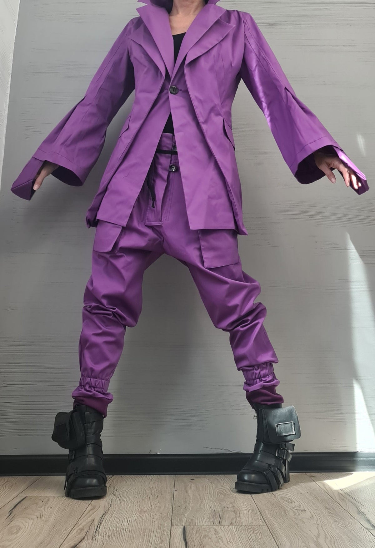 Purple Cotton Cargo Pants, Asymmetrical Deconstructed Tailored Blazer, Bell Sleeves, Two-Piece Co-Ord Set