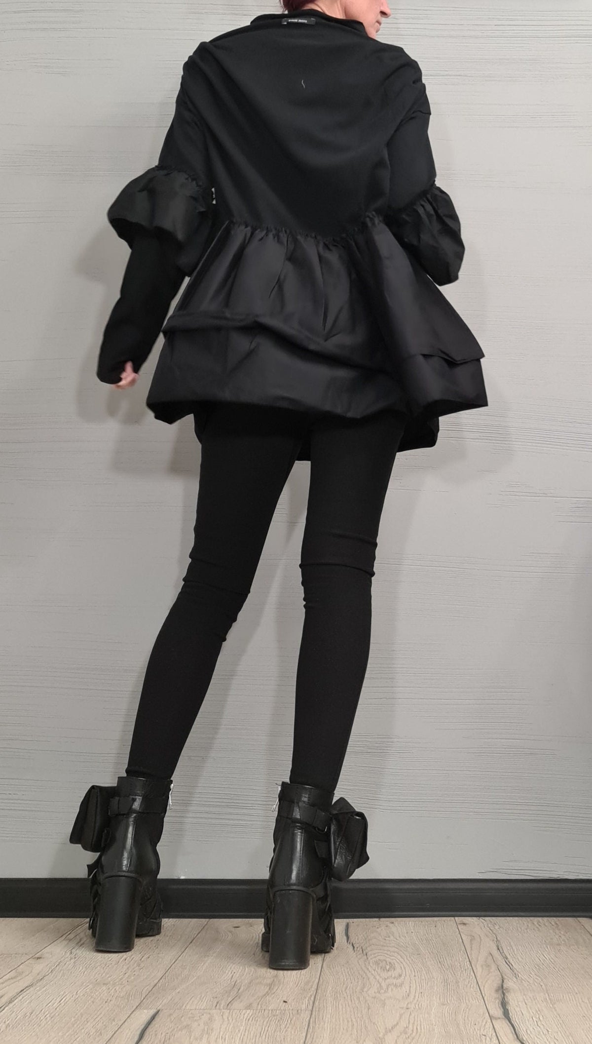 Black Oversize Cotton Blouse | Asymmetric Sleeves with Shirting Ruffles | fashion for women | architectural