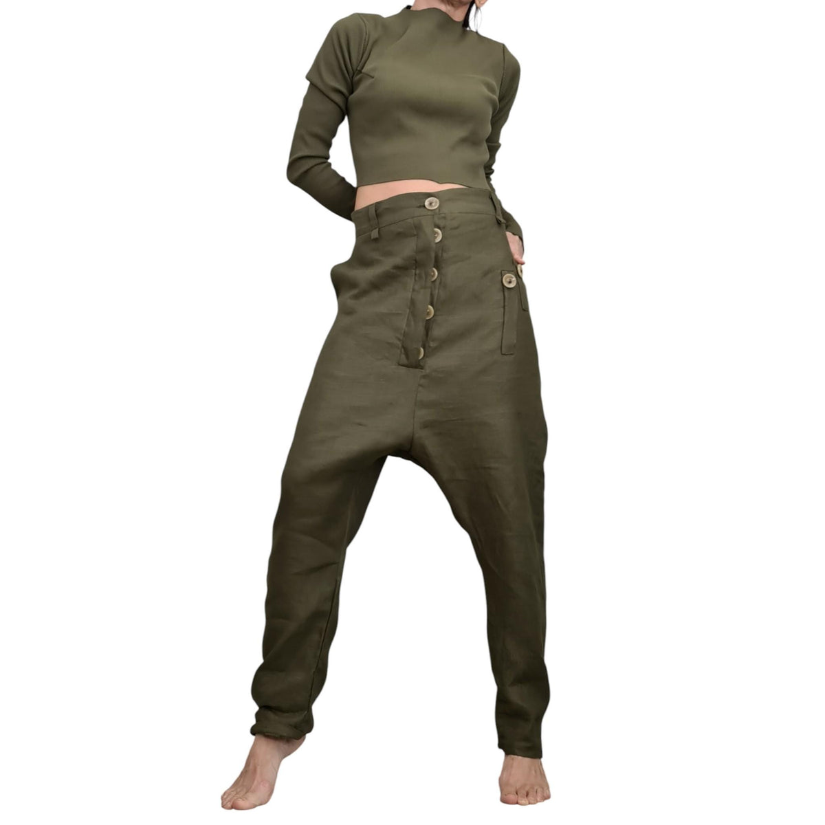Military Green Linen Harem Pants for Women, Summer Designer Trousers, Handmade Clothing