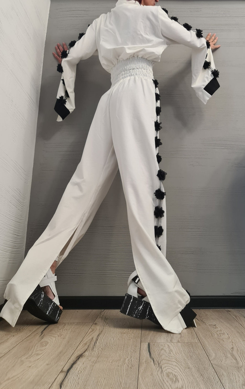 White Cotton Co-Ord Set, Floral Appliqué, Wide Leg Pants, Asymmetrical Sweatshirt