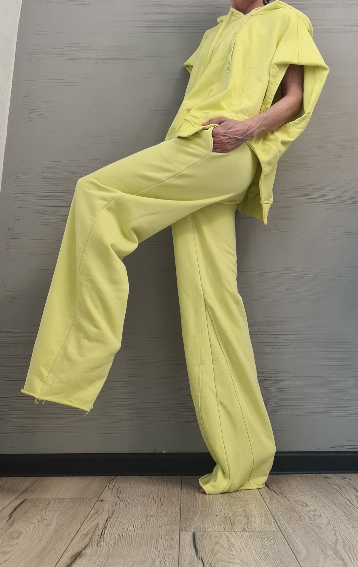 Lime Cotton Wide Leg Pants, Oversized Asymmetrical Hooded Blouse, Loose Fit Two-Piece Co-Ord Set