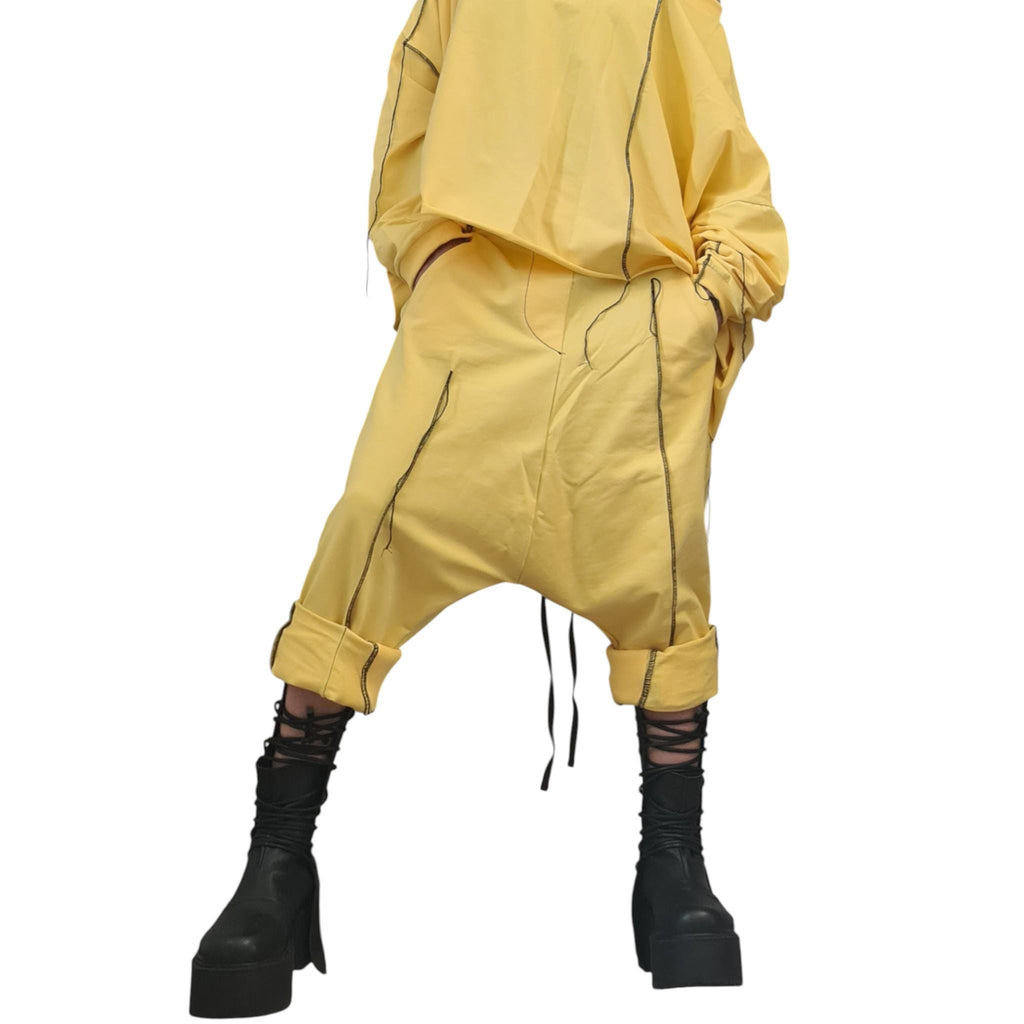 Yellow Cotton Two-Piece Set, Asymmetric Blouse, Harem pants, Contrasting seams