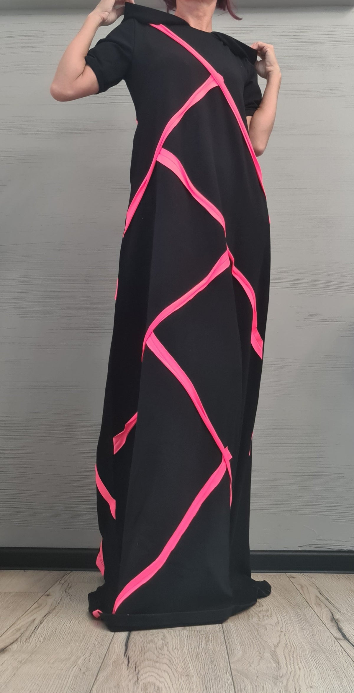 Black Hooded Cotton Maxi Dress with Neon Stripes, Loose Fit, Short sleeve, Plus Size