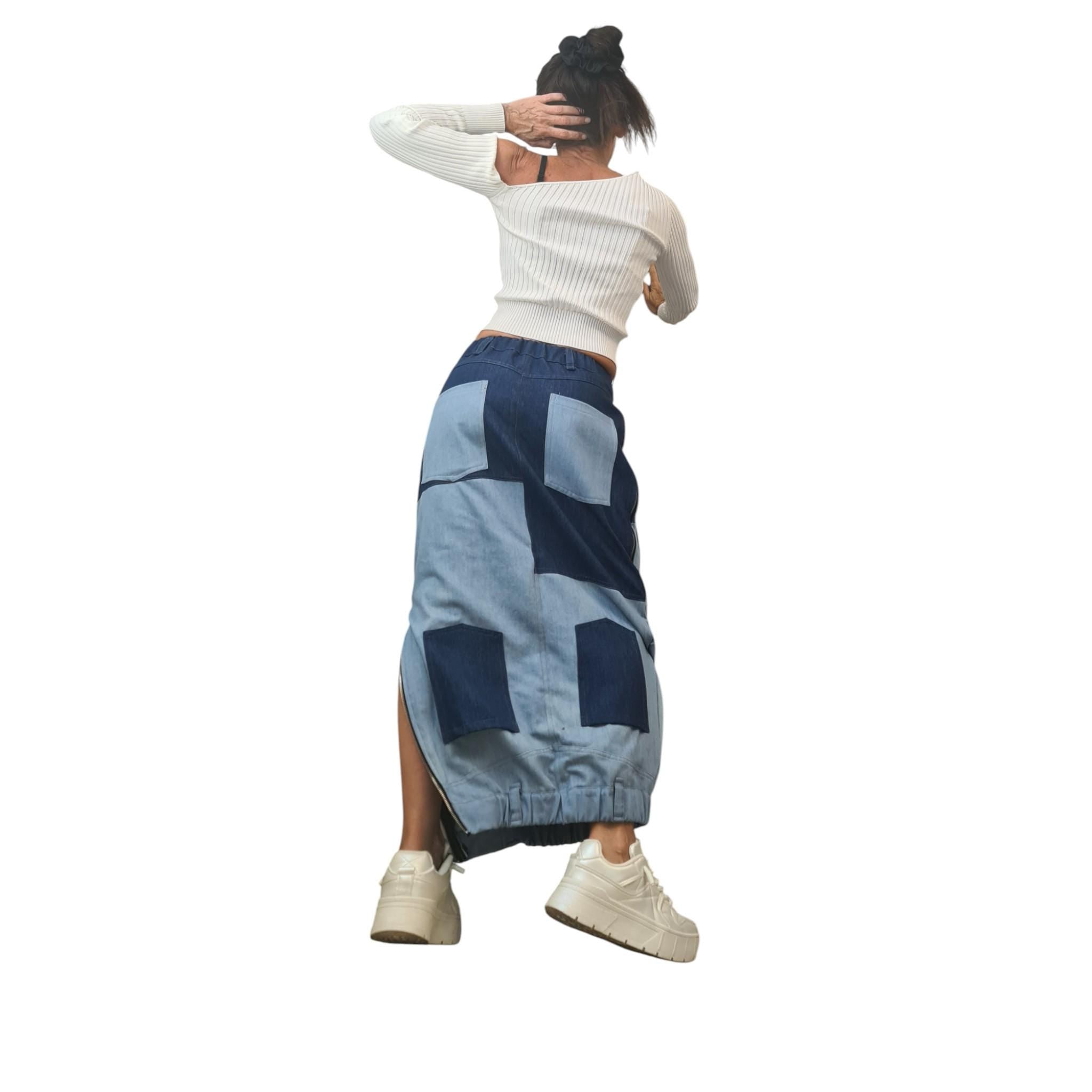 Reversible Two-Tone Denim Maxi Skirt | Handmade Patchwork Skirt, Women’s Clothing