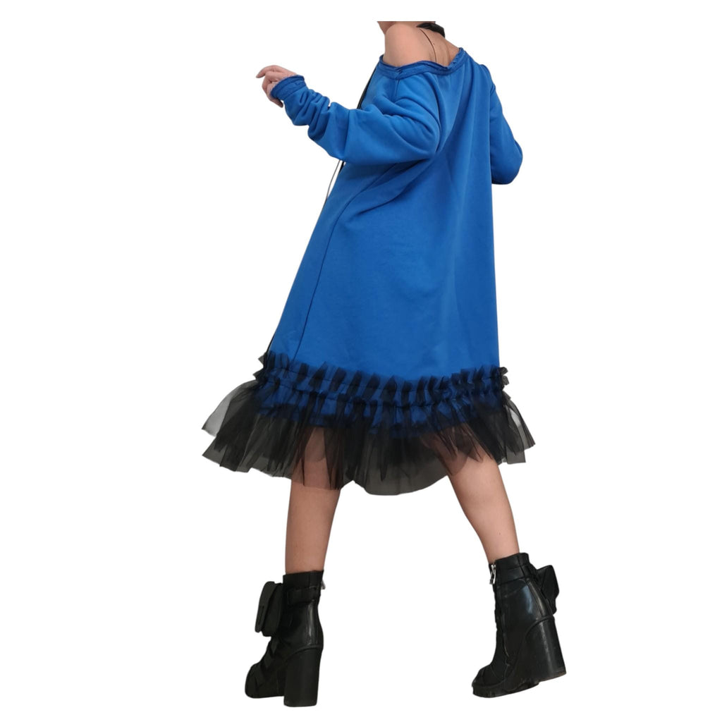 Royal Blue Off Shoulder Dress - Black Tulle Hem, Loose Fit