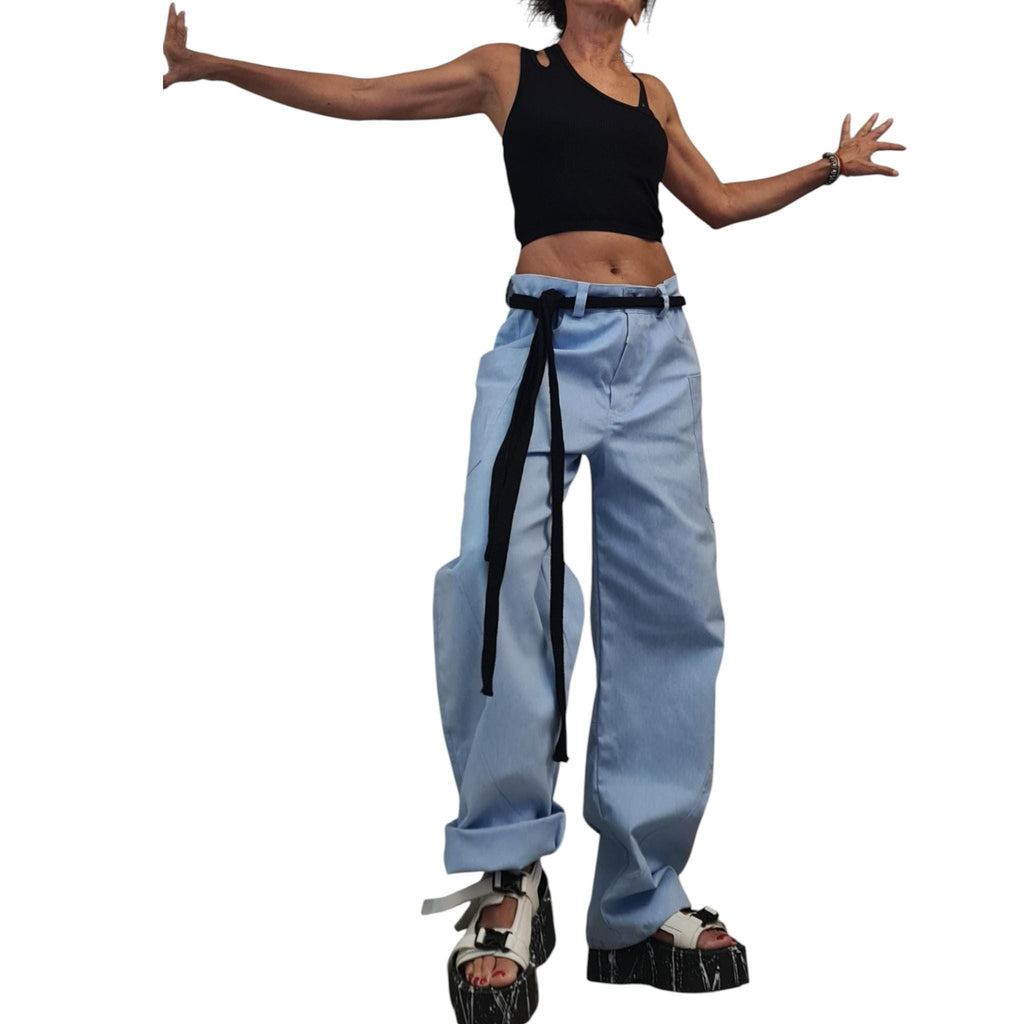 Light Blue Balloon Denim Pants, Wide Leg Barrel Jeans