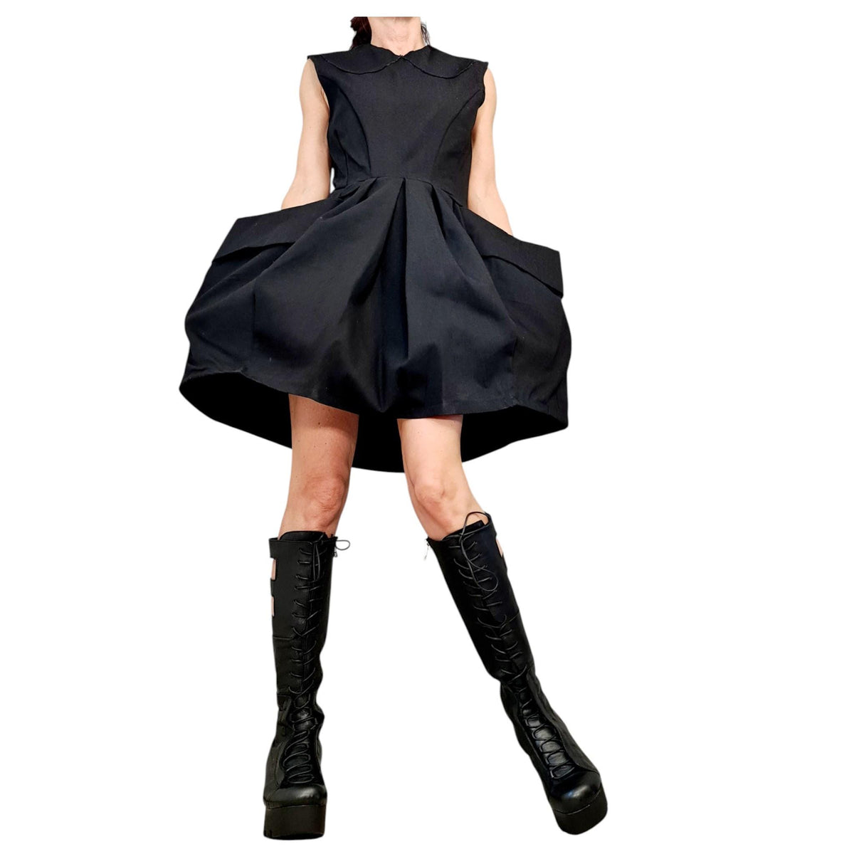 Asymmetric Black Cothic Dress, Extravagant Pockets, Plus Size Clothing