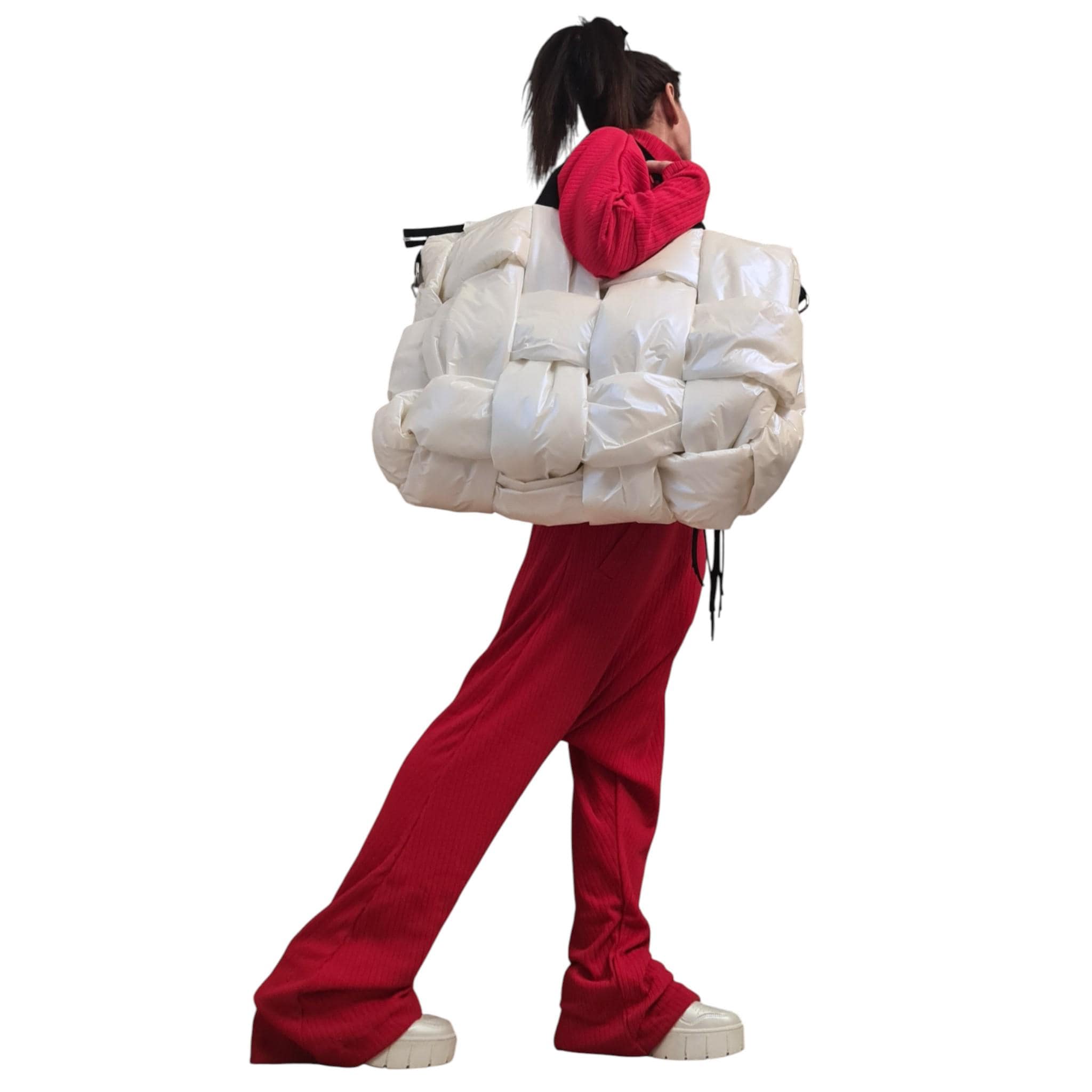 White Pearl Puffer Tote Bag | Woven Oversize Design | women’s clothing | statement