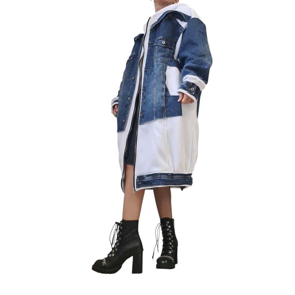 Avant Garde Denim Cotton Hoodie | Oversize Plus Size Sweatshirt | Handmade Streetwear for Women