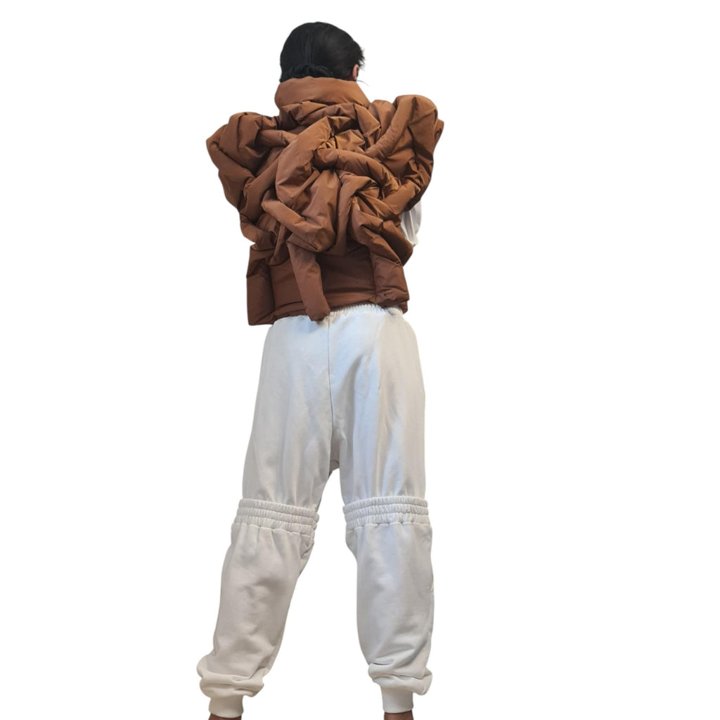 Brown Asymmetric Cropped Puffer Vest, Quilted Sleeveless Jacket with Folded Panels, Plus Size