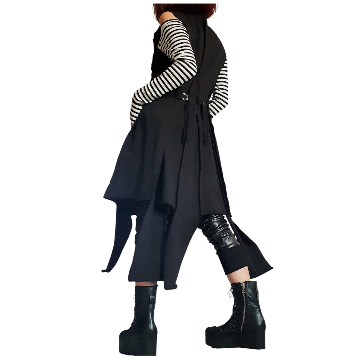 Black Gothic Asymmetric Vest, Long Sleeveless Coat, Buckle Closures, High-Low Hem, Plus Size