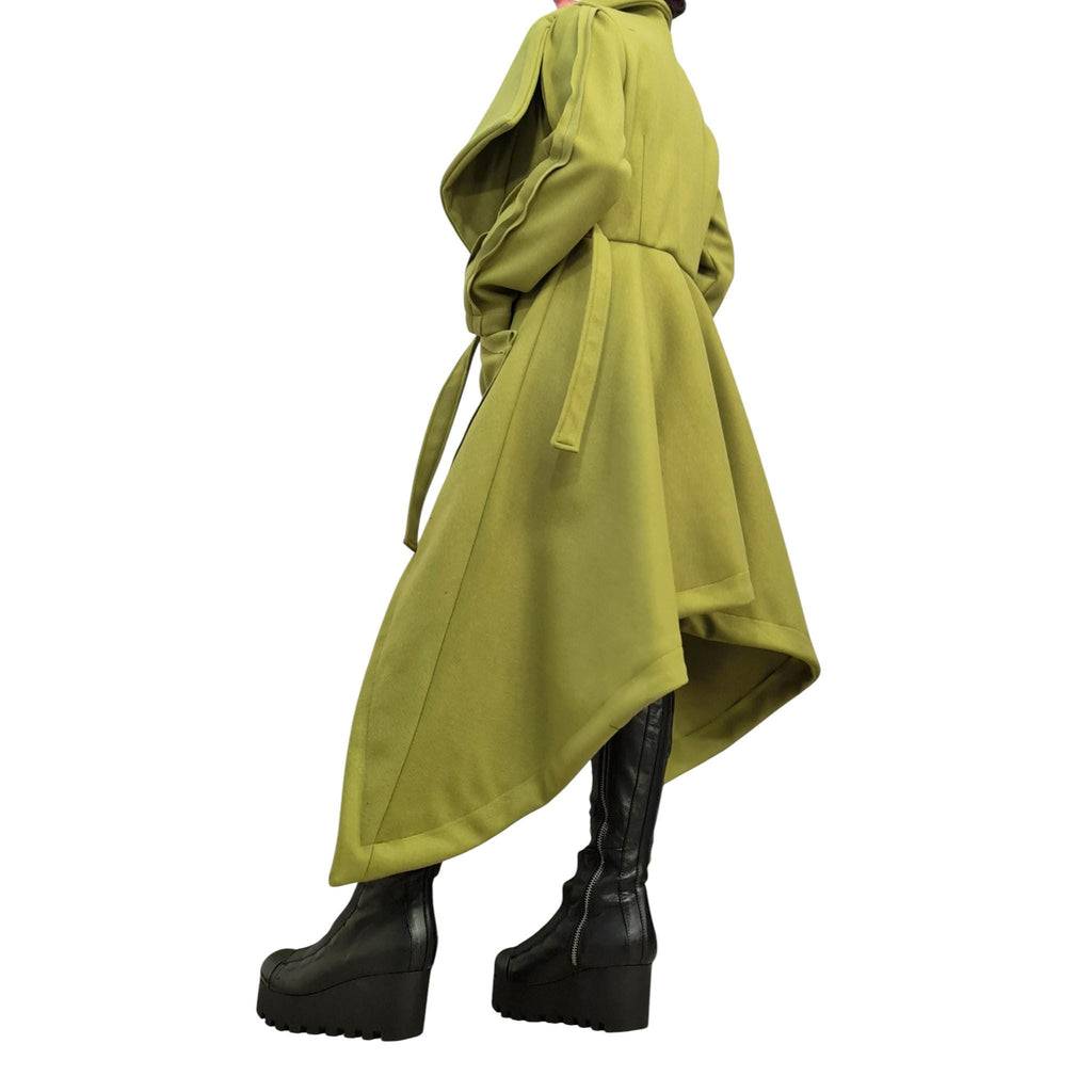 Pistachio Asymmetric Wool Blend Trench Coat, Oversized Wrap Design with Belt, Plus Size