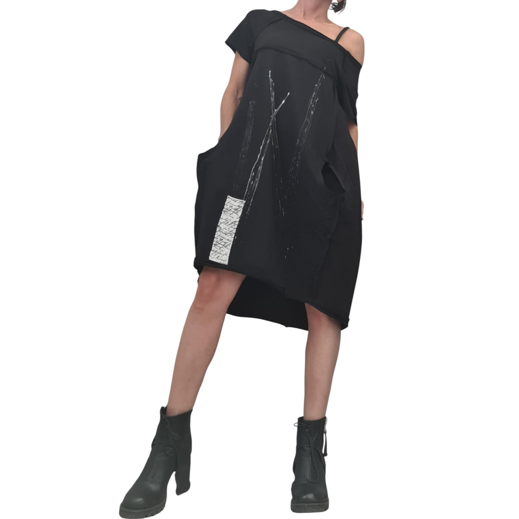 Black French Terry Short Sleeve Dress, One Shoulder Asymmetric Gothic Tunic, Oversized Fit