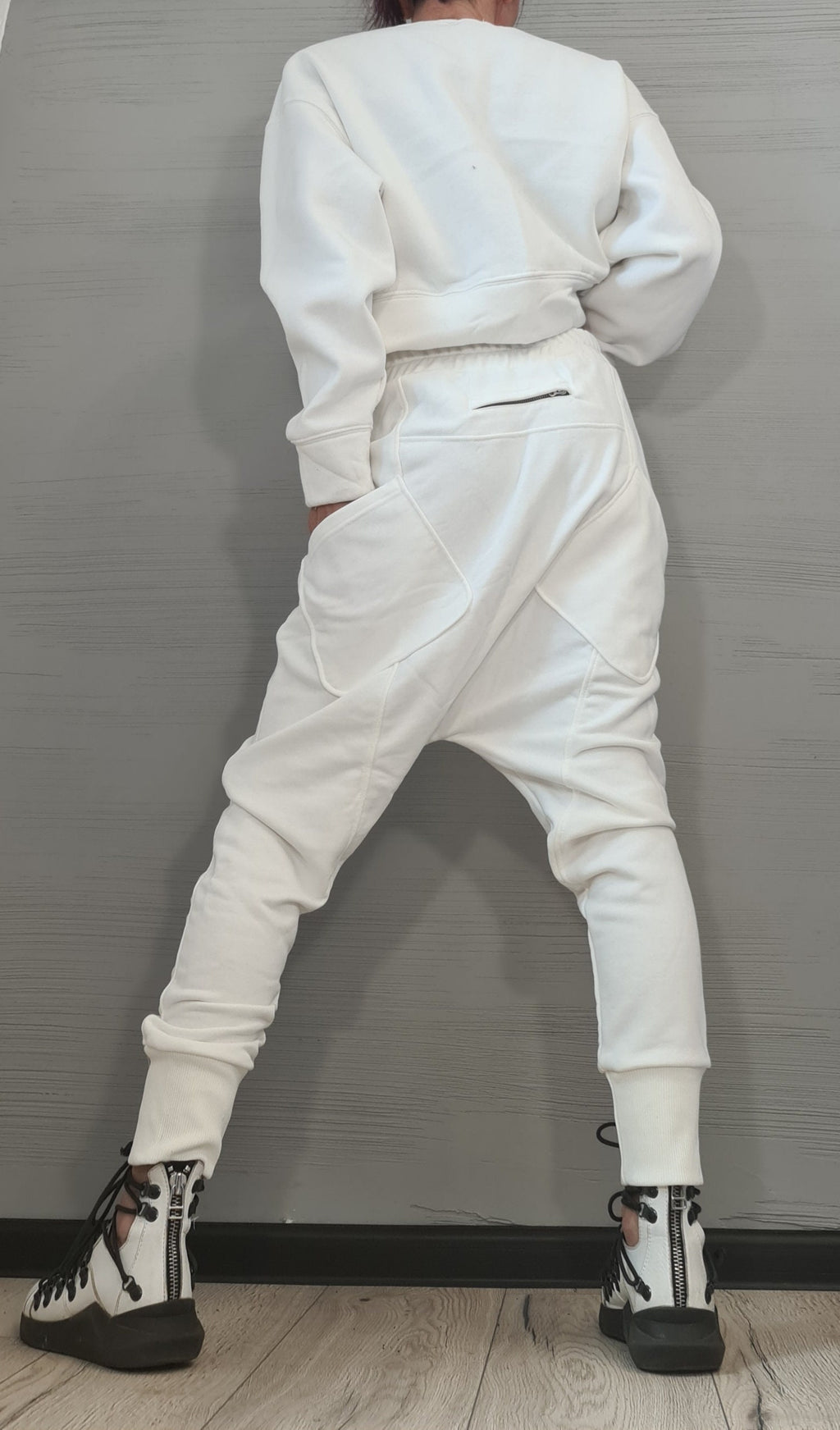 White Cotton Drop Crotch Harem Pants, French Terry Blouse Set