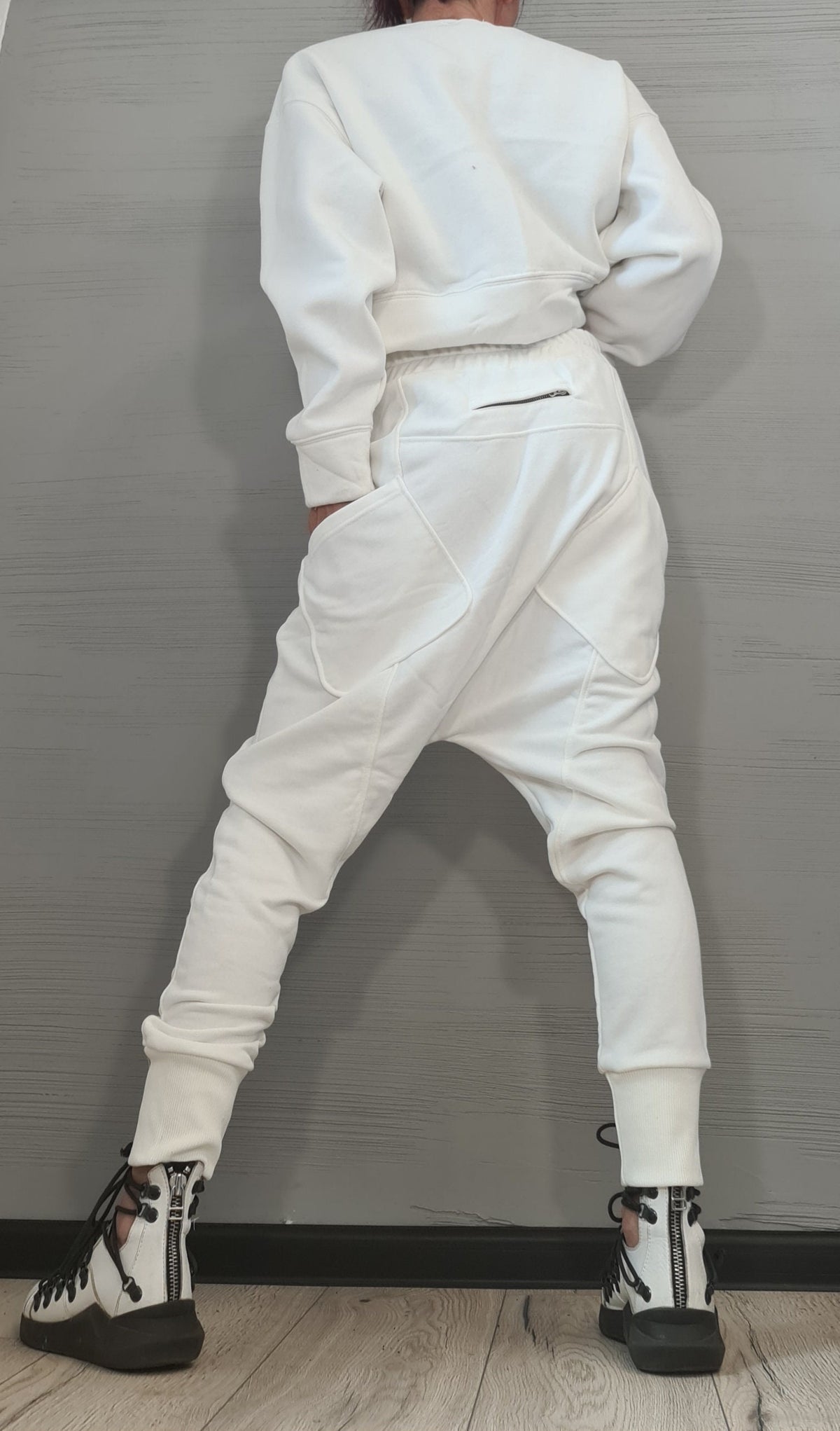 White Cotton Drop Crotch Harem Pants, French Terry Blouse Set