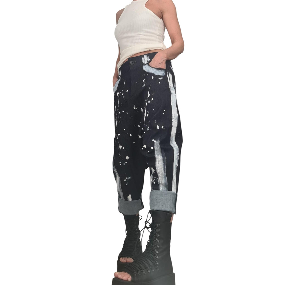 Painted Denim Harem Pants, Boho Baggy Unisex Jeans