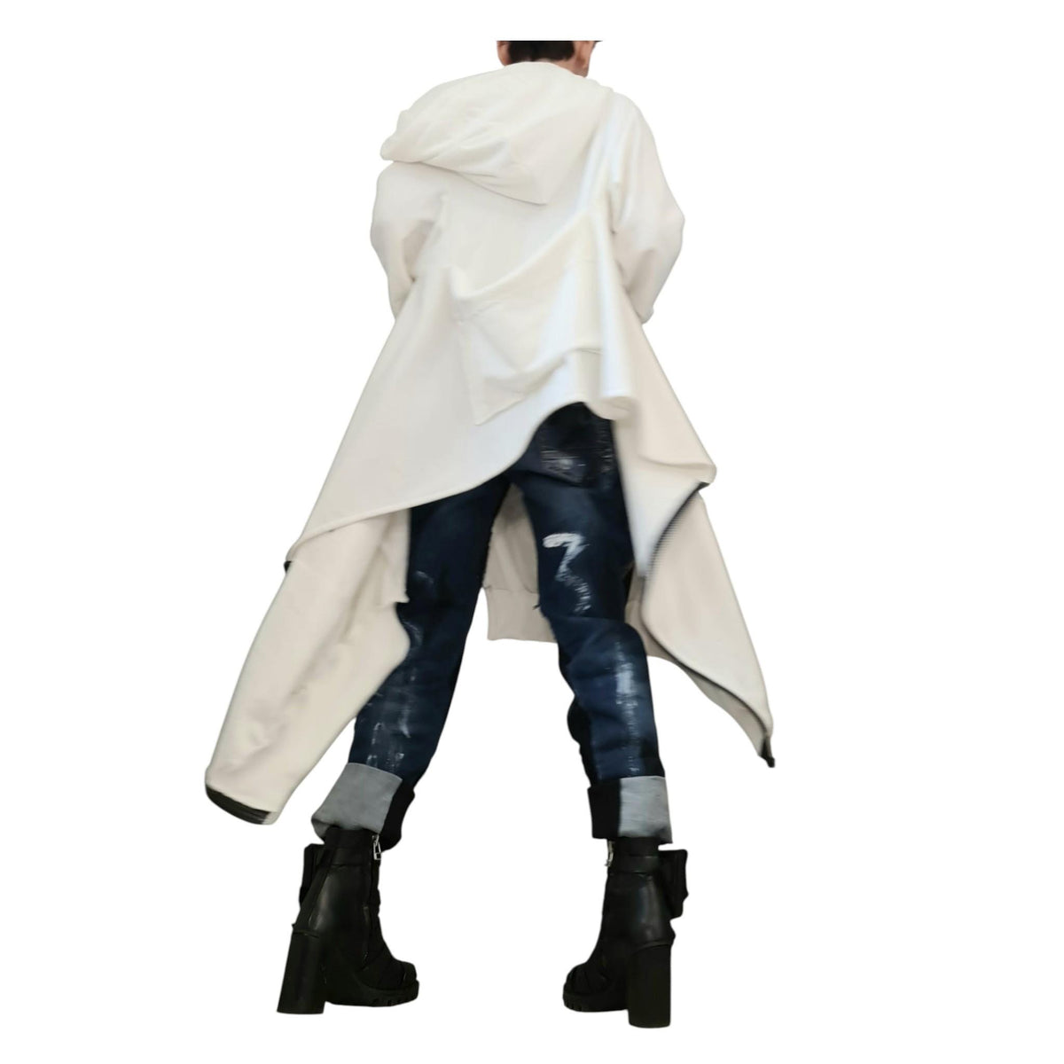 White Asymmetric Hooded Sweatshirt, Oversized Cotton Jacket, Longline Zip Up Hoodie