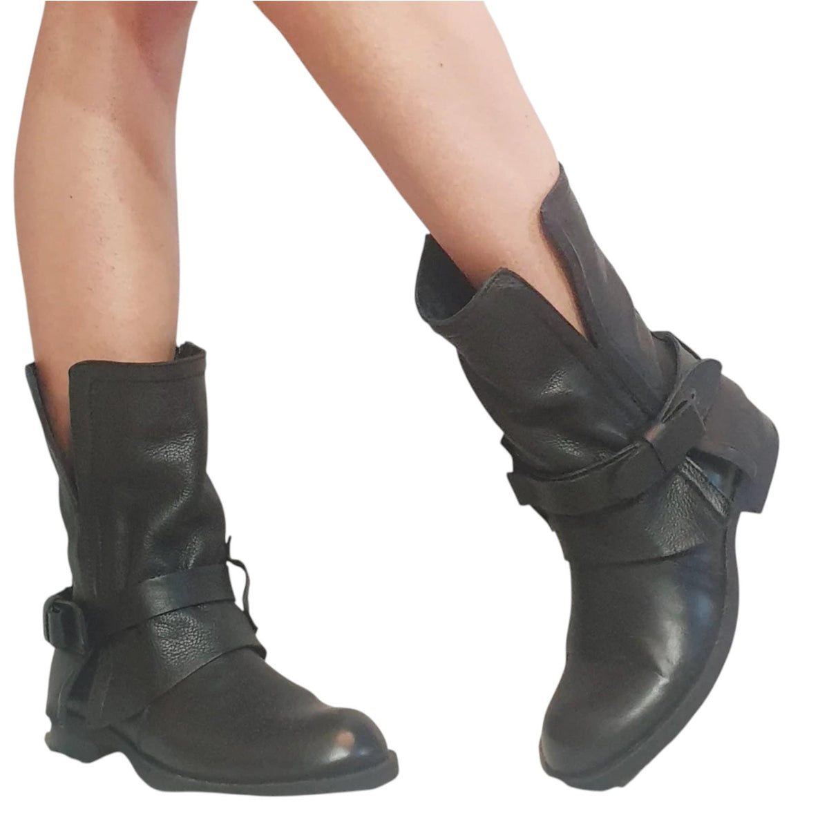 Black Leather Combat Boots, Chunky Ankle Footwear, Gothic Grunge Women Style