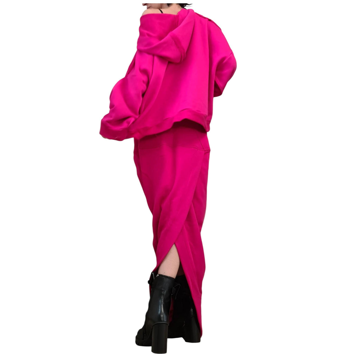 Fuchsia Cotton Asymmetrical Wrap Maxi Skirt, Cropped Hooded Blouse, Two-Piece Co-Ord Set